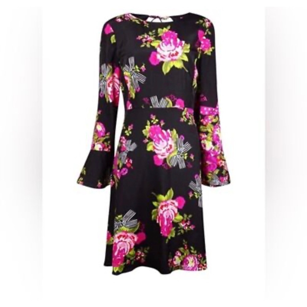 Betsey Johnson Floral Bell Sleeve Dress‎ Womens 12 Black Pink Roses